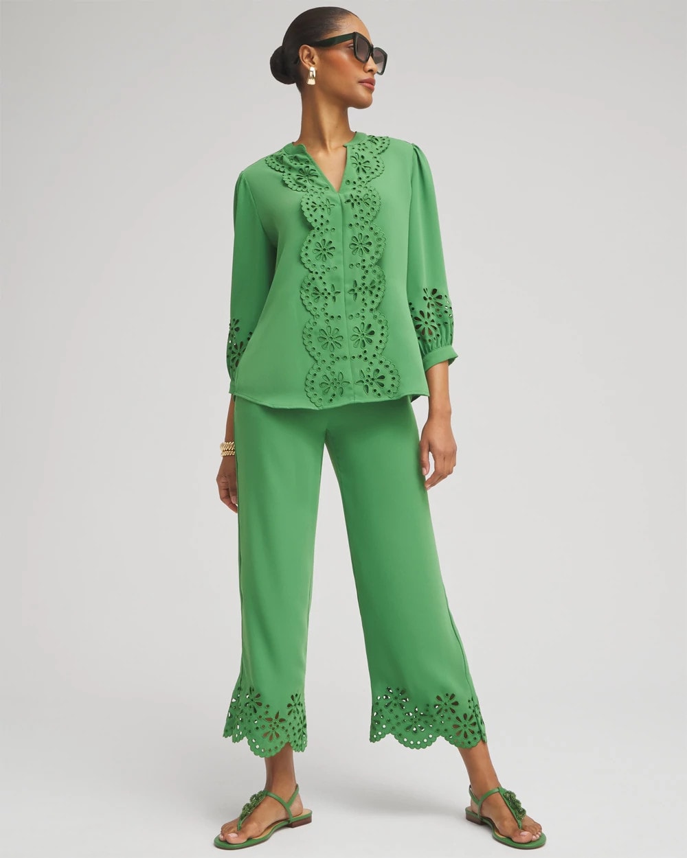 Chico's Petite Satin Eyelet Hem Culottes