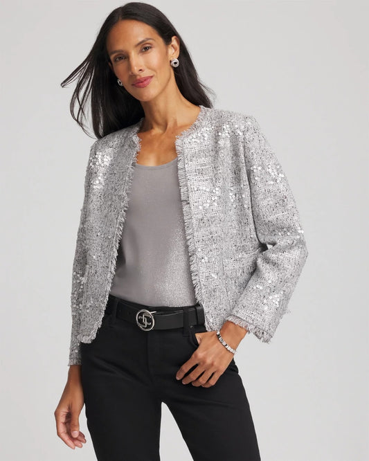 Chico's Silver Sequins Tweed Jacket